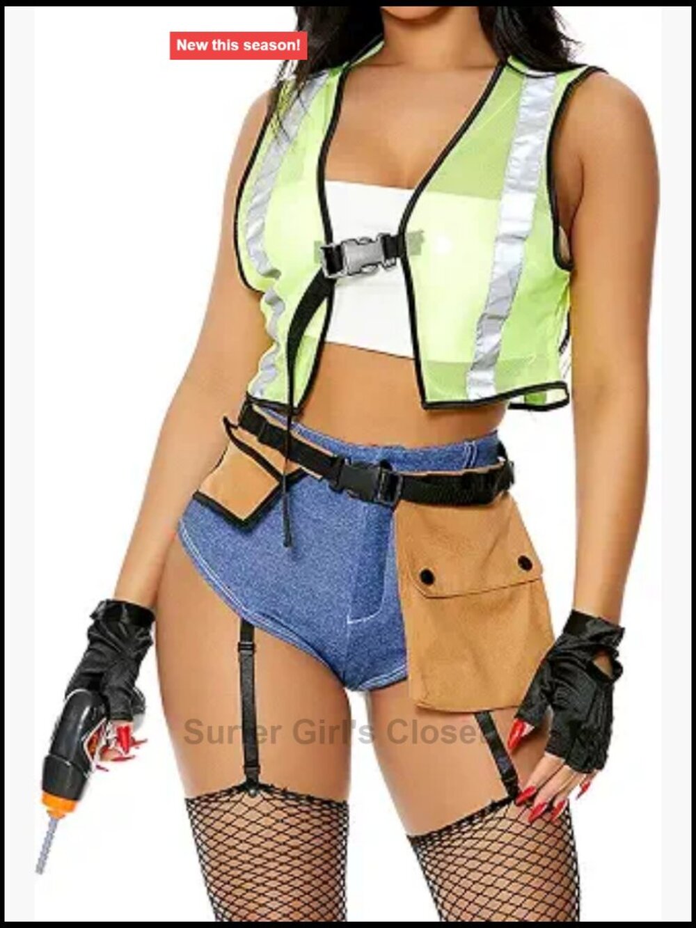 Women's Under Construction Worker Costume 6pc Set, Halter Cami, Gloves, Belt